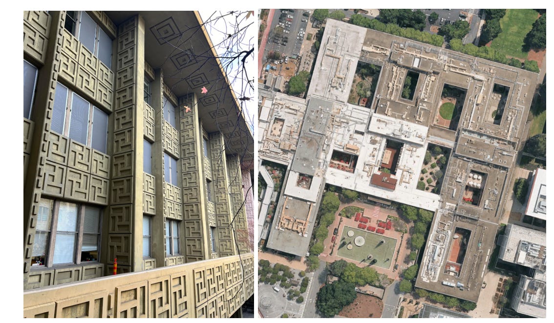 South-facing windows of patients' rooms and aerial view of courtyards